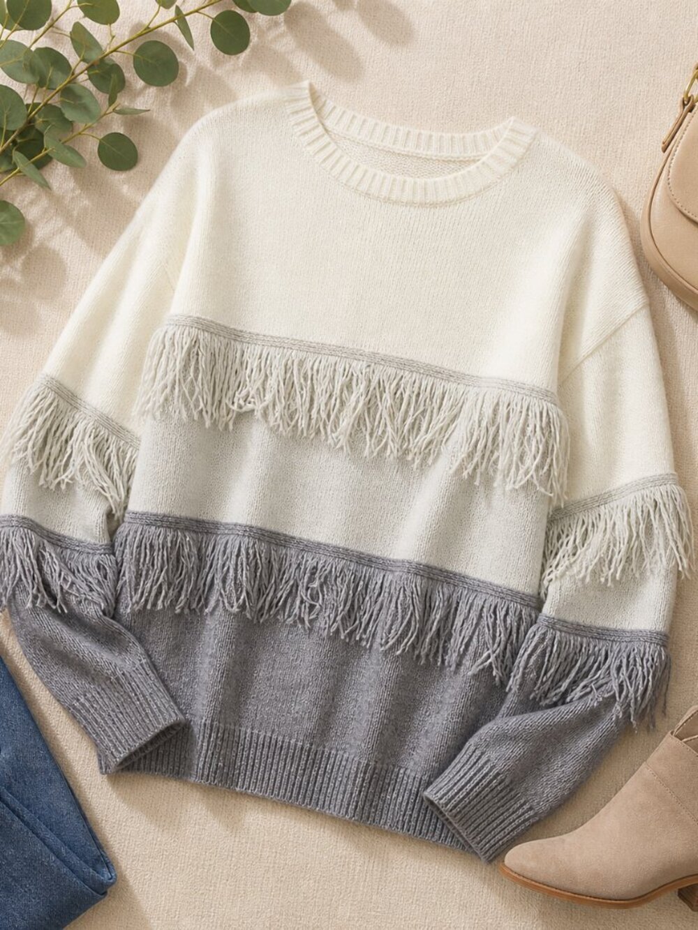 BiBi Fringe Sweater Colorblock Cream Gray Tiered Fringe Knit Medium